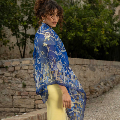 Blue Floral Silk Large Shawl Wrap