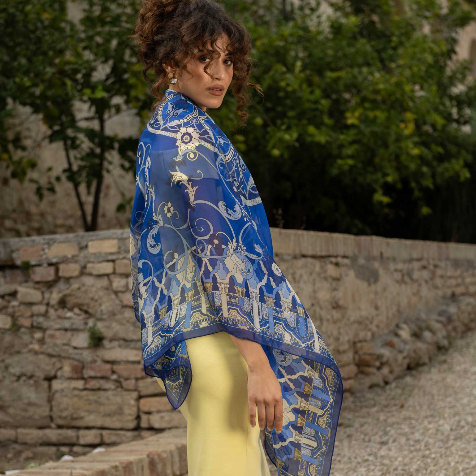 Blue Floral Silk Large Shawl Wrap