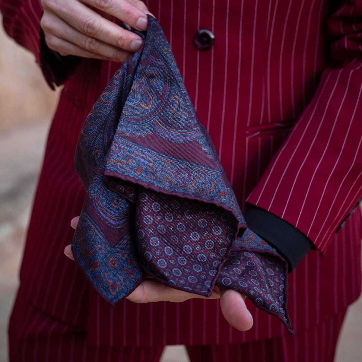 designer Italian madder silk pocket square