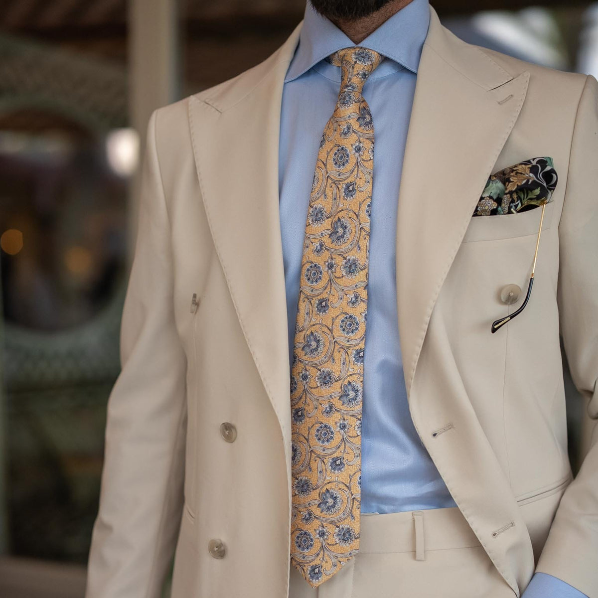 Handmade Italian Silk Tie Yellow Floral