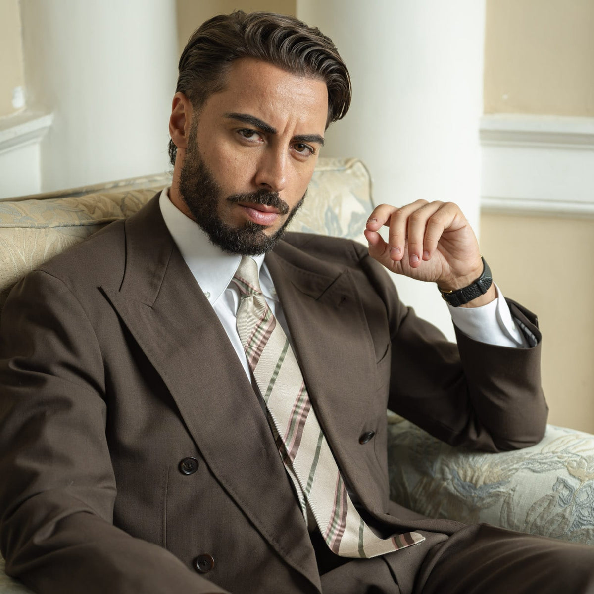 Beige Striped Handmade Italian Silk Tie