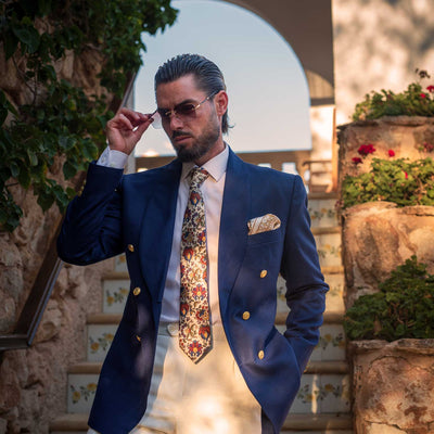 Man wearing a luxury handmade floral silk tie from Italy