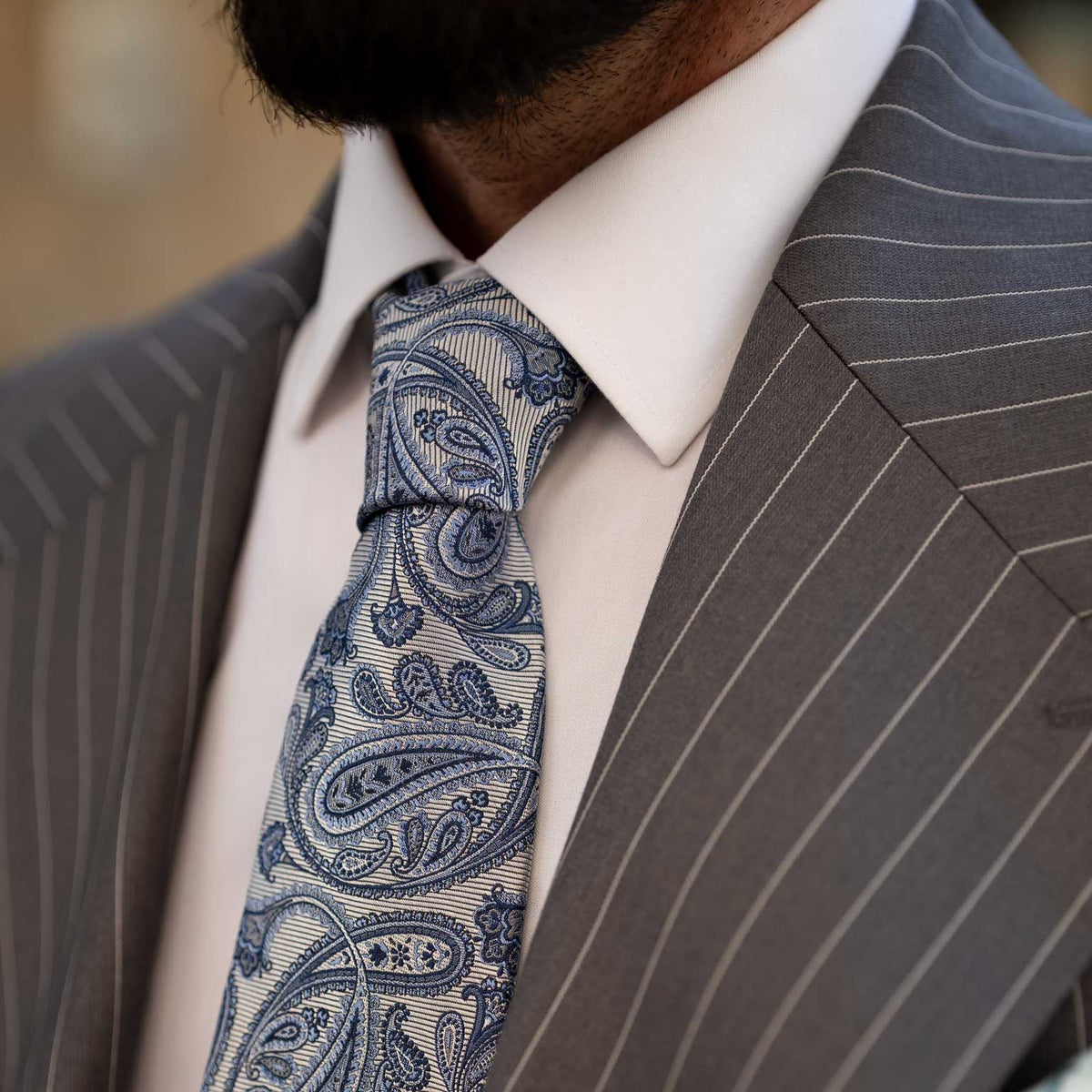 Handmade luxury grey paisley Italian silk tie
