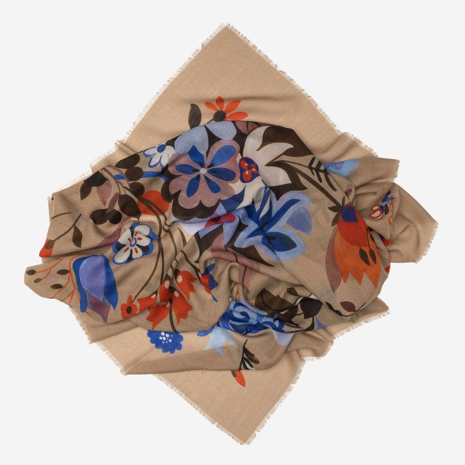 Large Beige Floral Italian Wool Scarf