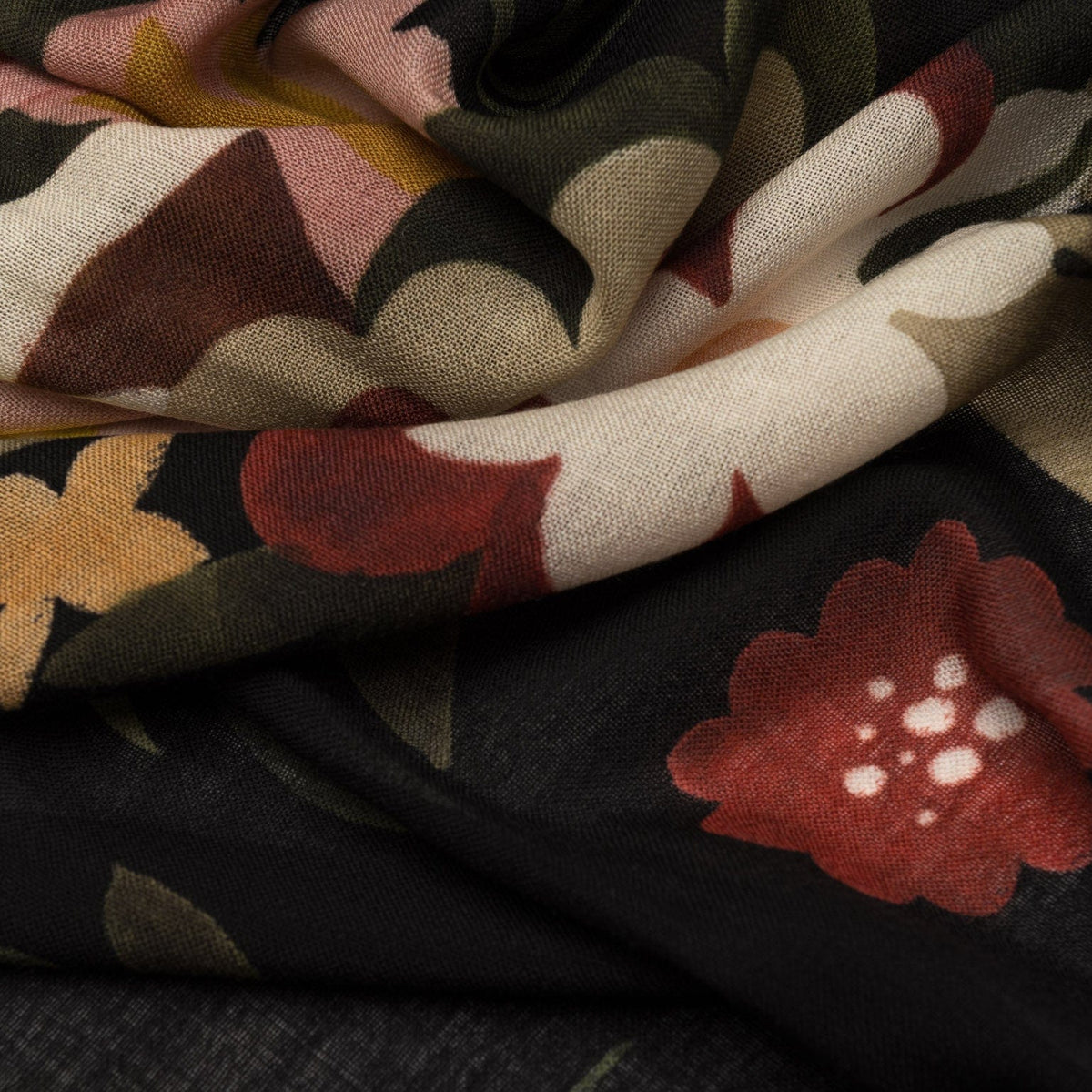 Large Black Floral Italian Wool Scarf