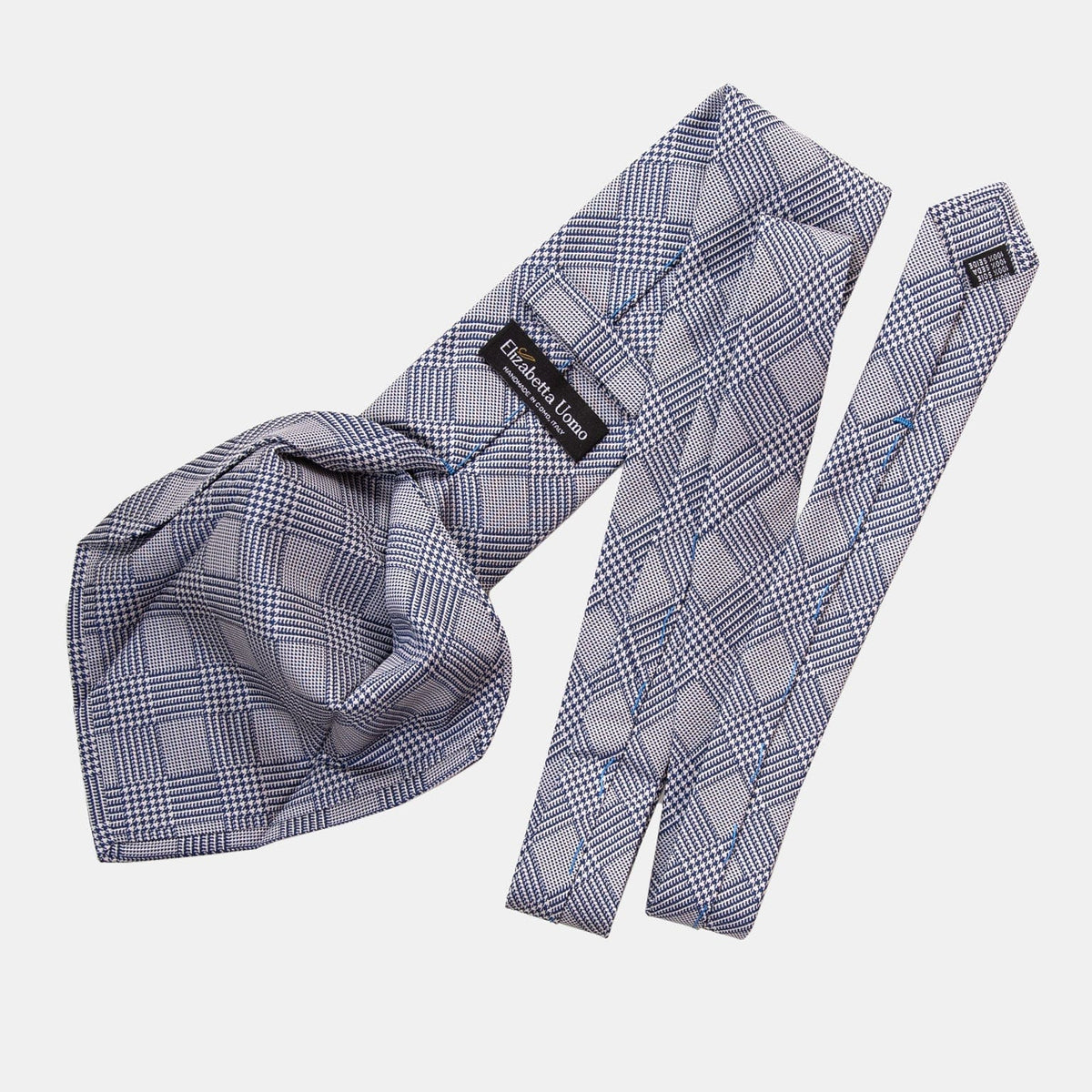Extra Long Handmade Italian Blue Glen Plaid Silk Tie
