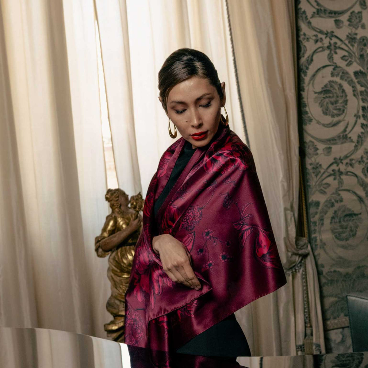 Luxury Italian silk dark red evening scarf shawl