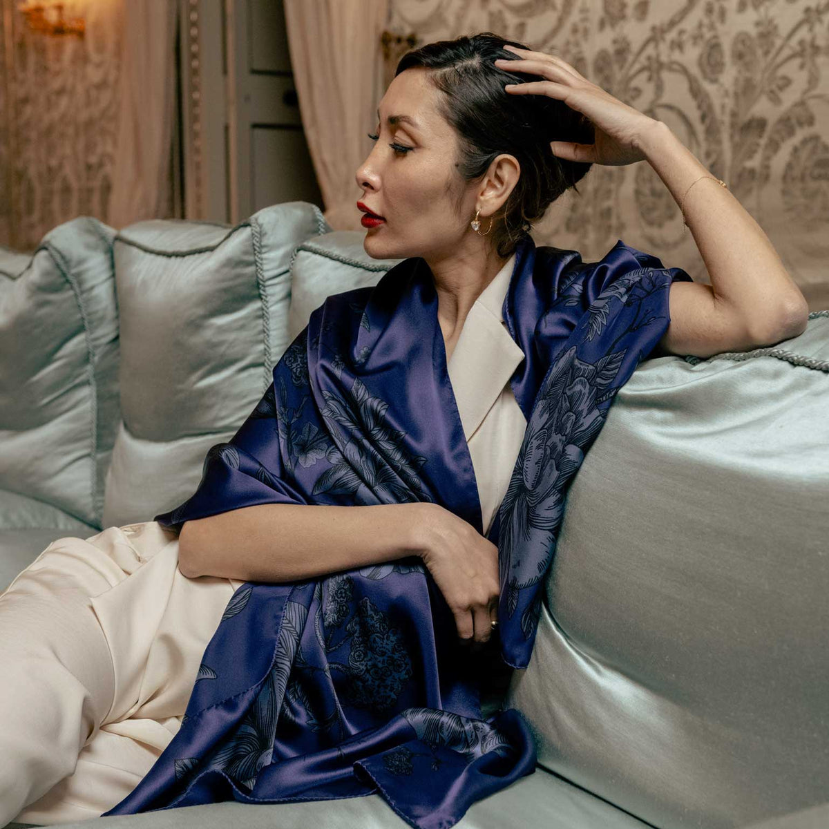 Luxury indigo blue silk evening shawl wrap