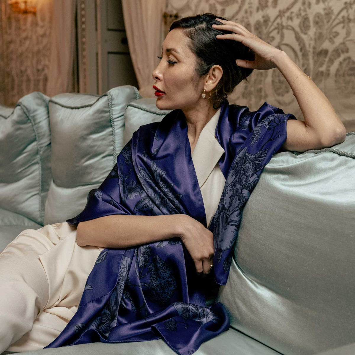 Luxury indigo blue silk evening shawl wrap