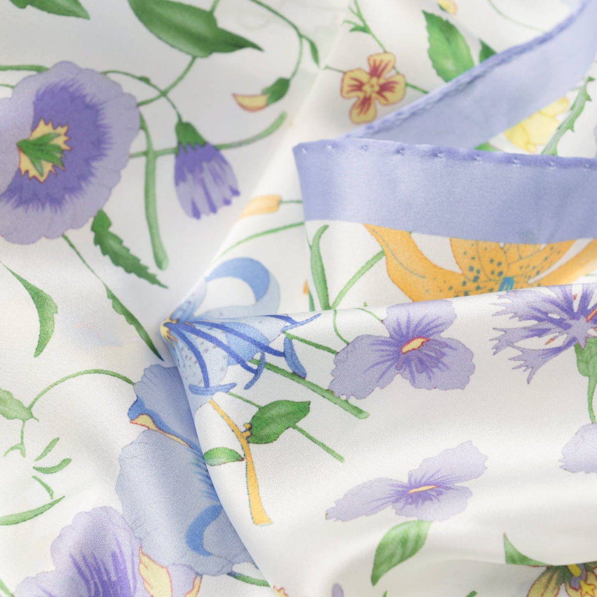 Periwinkle Floral Silk Satin Long Scarf