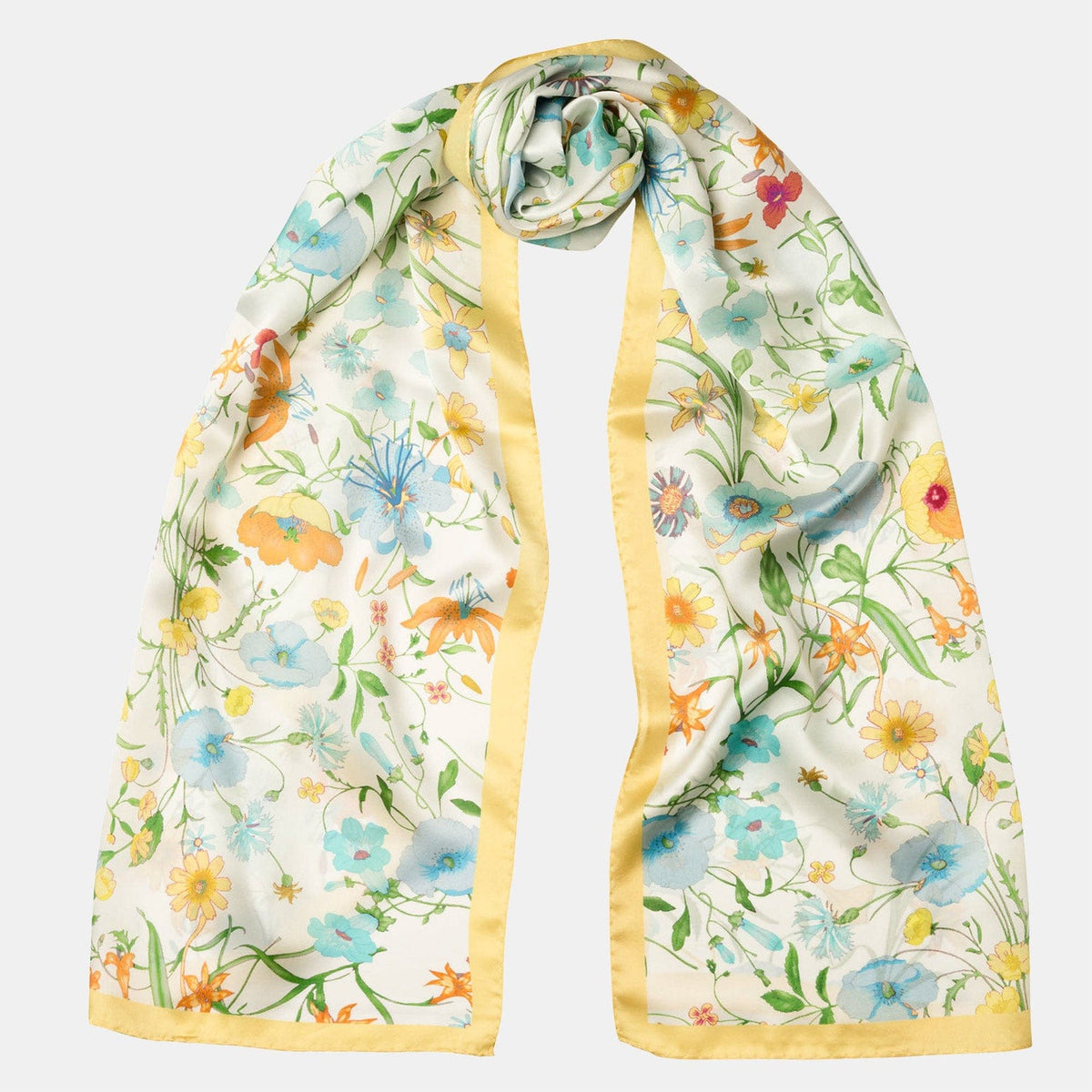 Yellow Floral Silk Satin Long Scarf