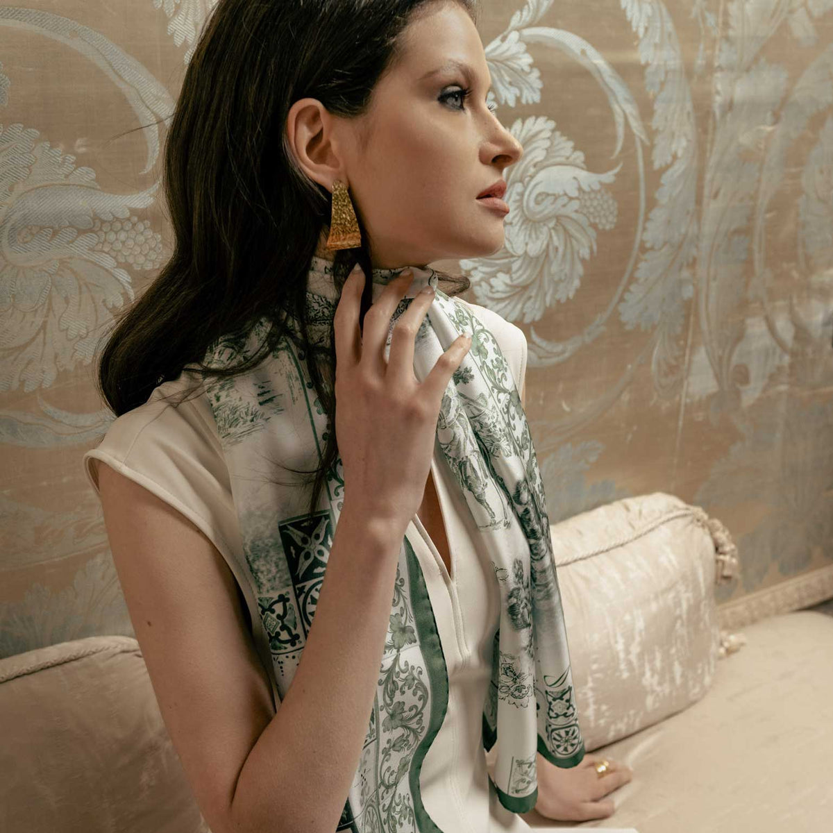 luxury Italian silk scarf - green toile de jouy