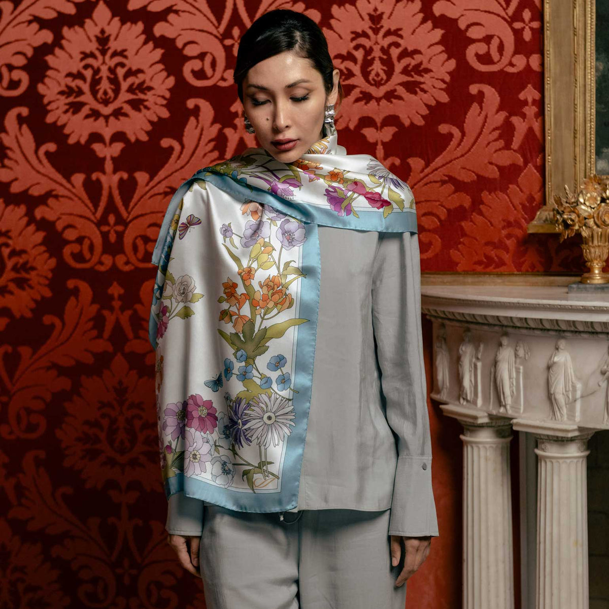 Blue floral luxury Italian silk scarf