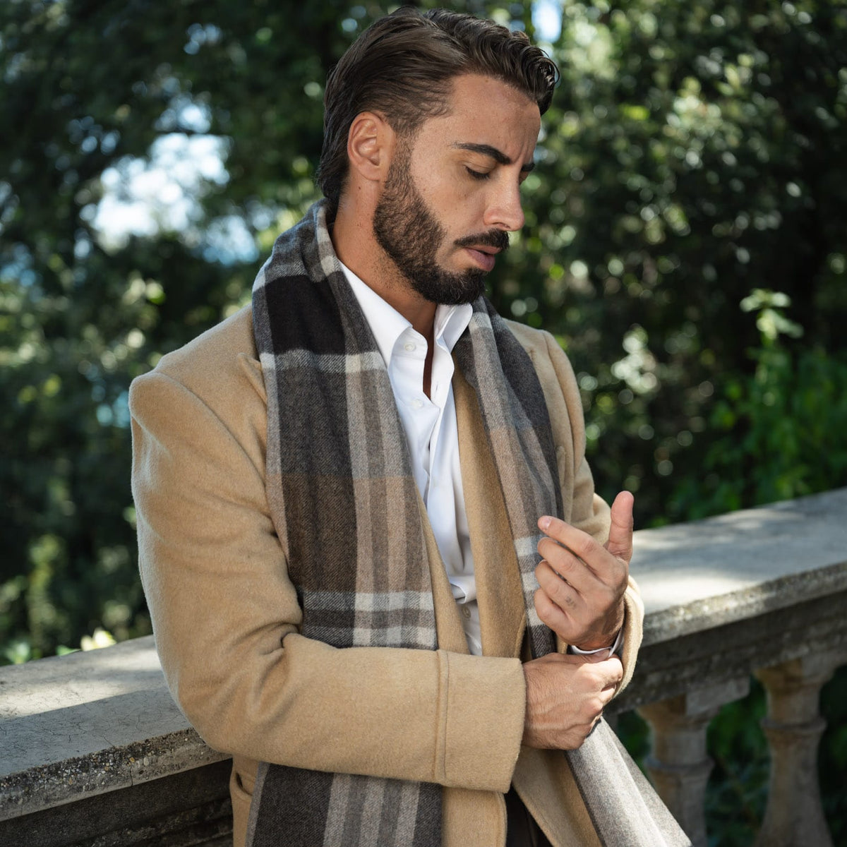 Tan Plaid Wool Cashmere Scarf