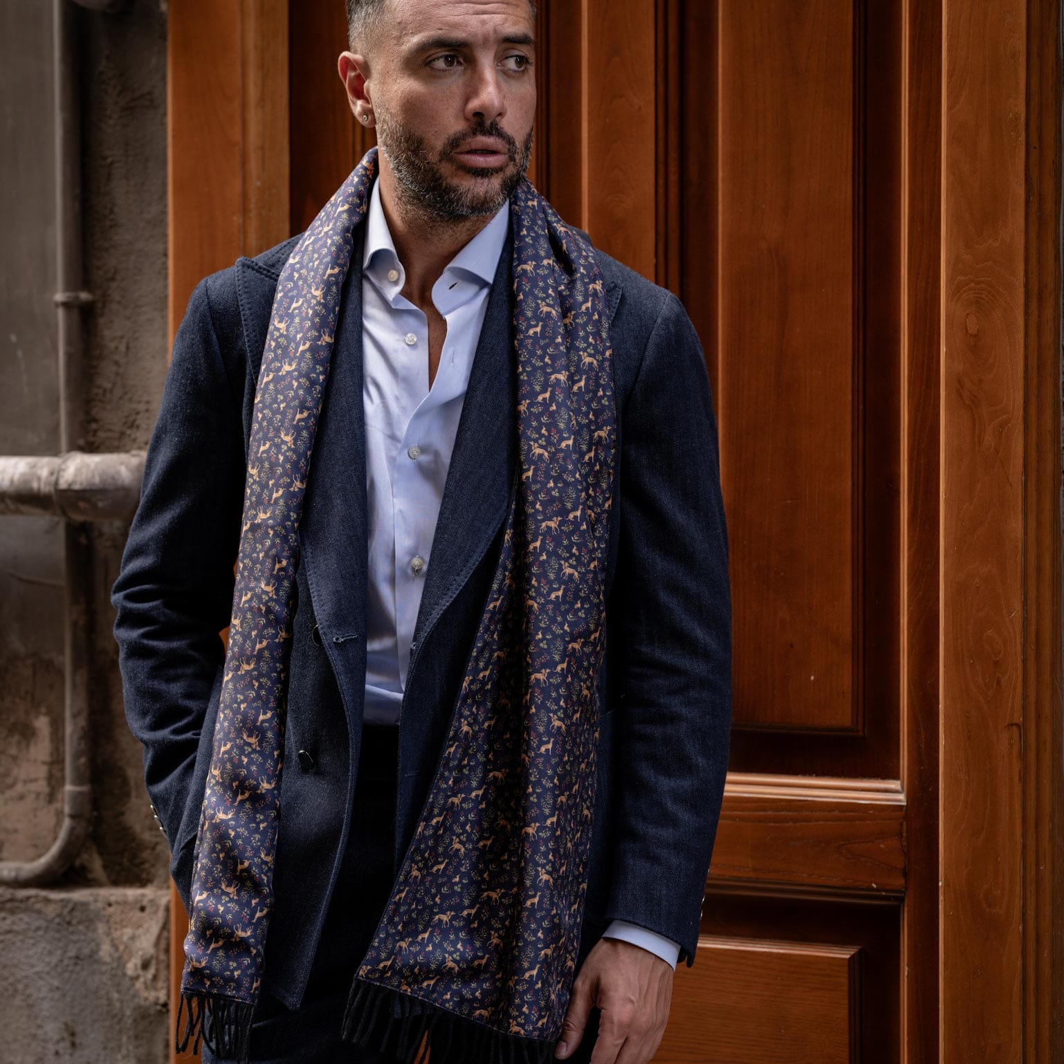 Hound Print Navy Italian Silk Wool Scarf