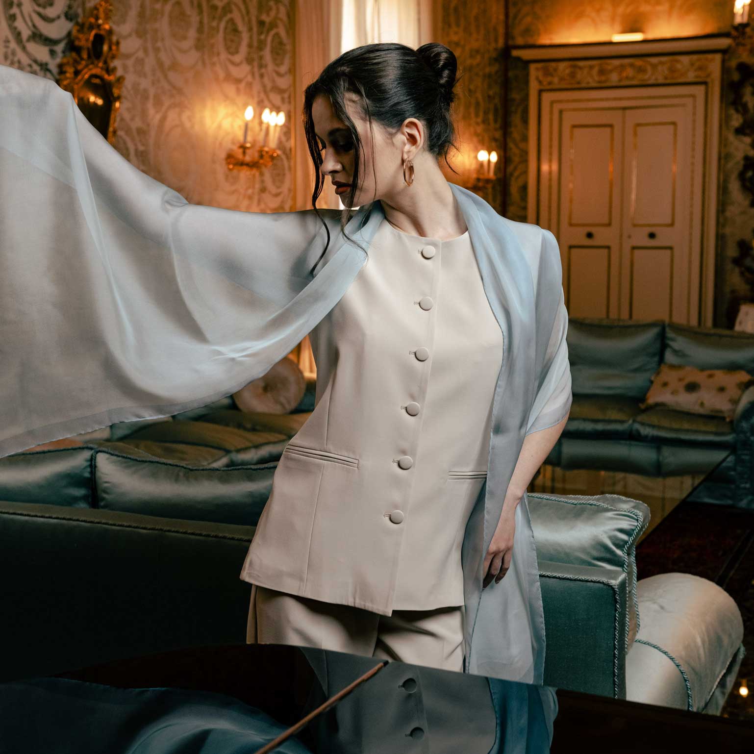 Luxury dusty blue sheer silk evening scarf