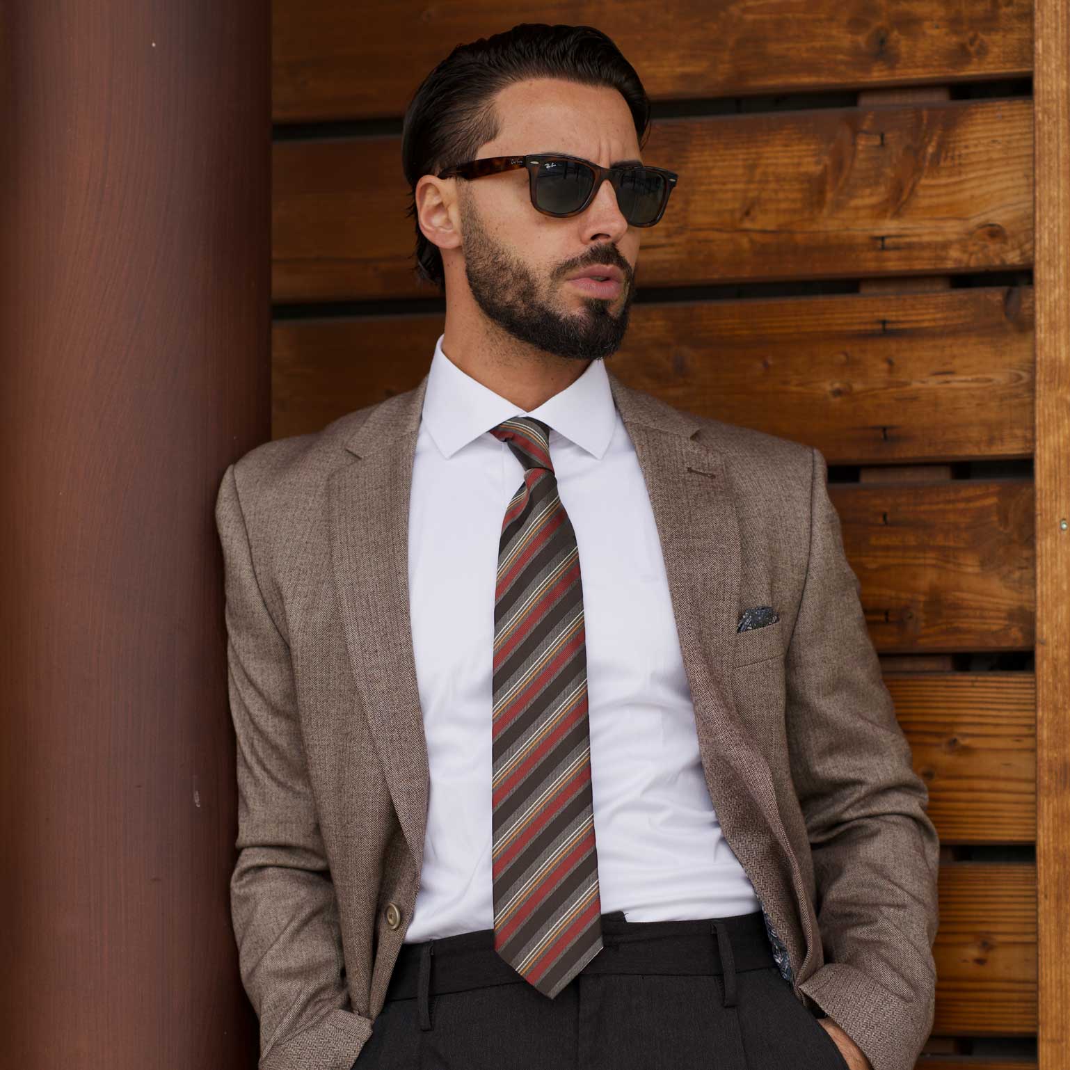 Burgundy and Grey Woven Striped Silk Tie