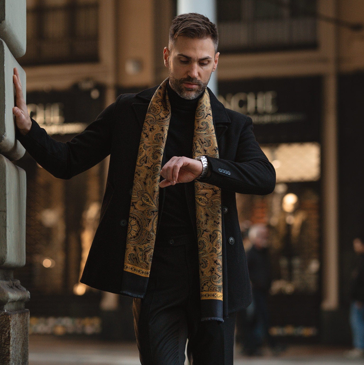 Men's Gold & Black Paisley Wool Silk Scarf