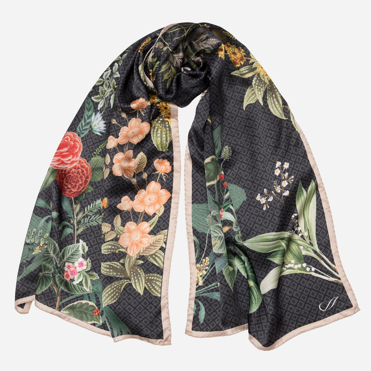 Black Floral Silk Satin Long Scarf