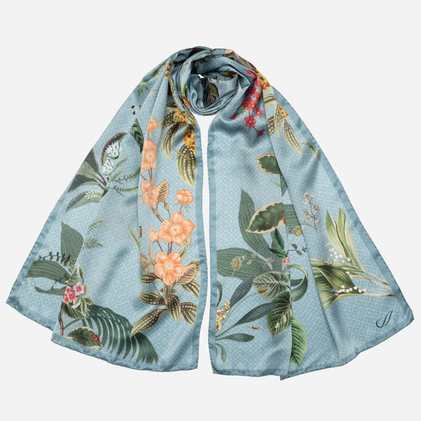 Sky Blue Floral Silk Satin Long Scarf