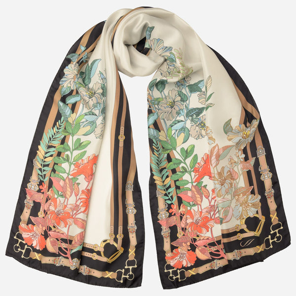 Italian Black Floral Long Silk Scarf