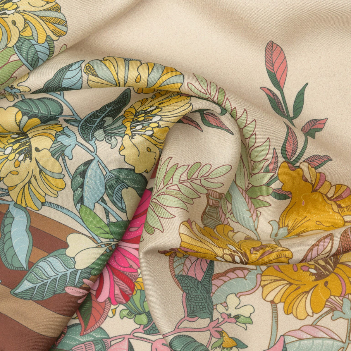 Italian Brown Floral Long Silk Scarf