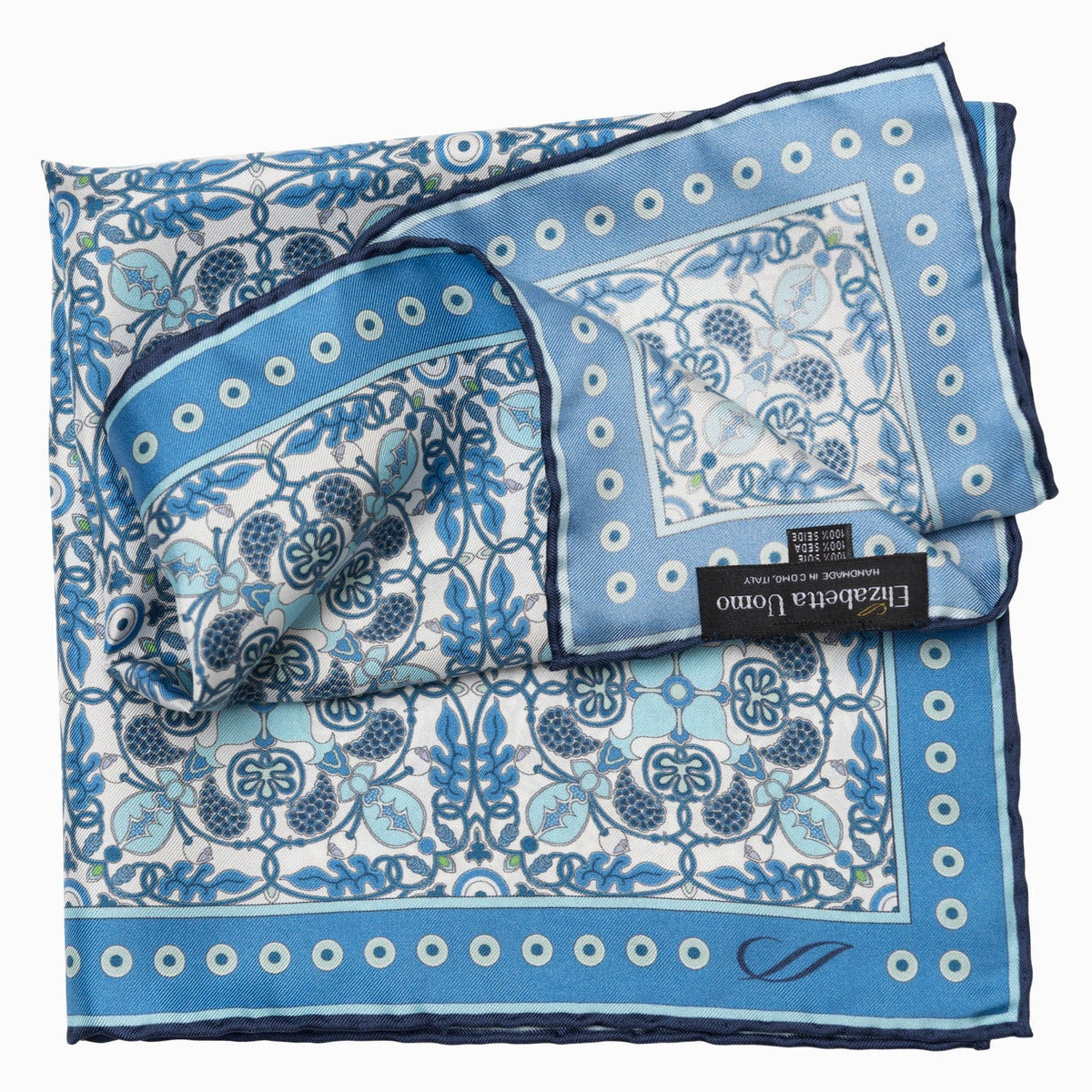 Blue Patterned Silk Italian Pocket Square