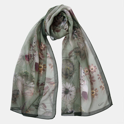 Women's Italian Long Silk Scarf Green Floral