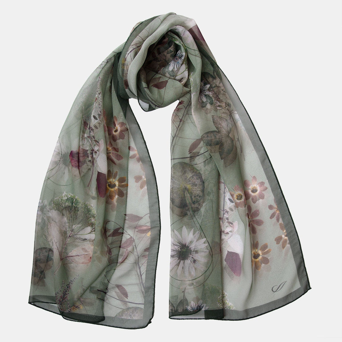 Women&#39;s Italian Long Silk Scarf Green Floral