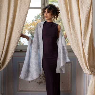 Silver Pearl Floral Silk Evening Shawl