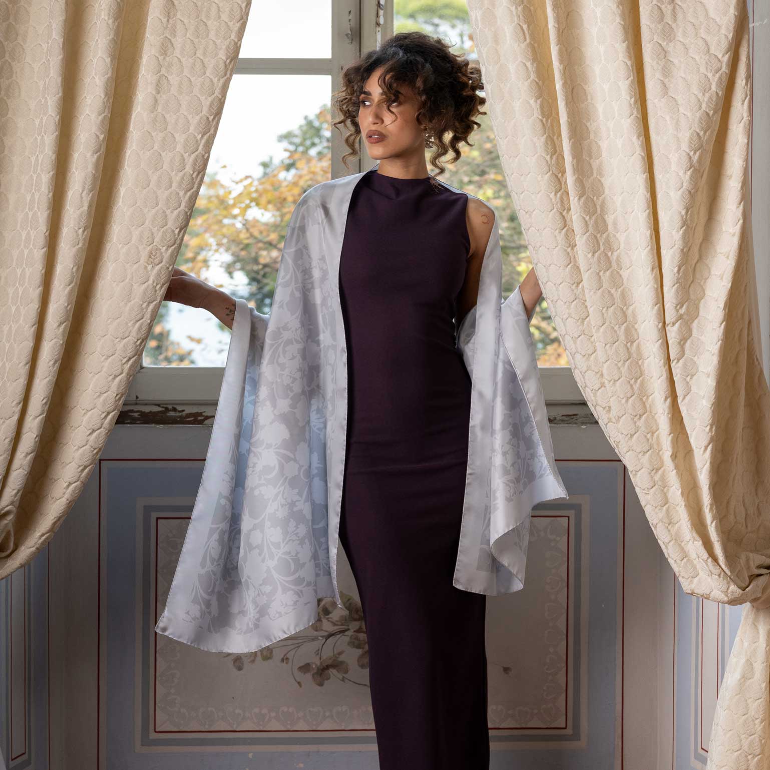 Silver Pearl Floral Silk Evening Shawl