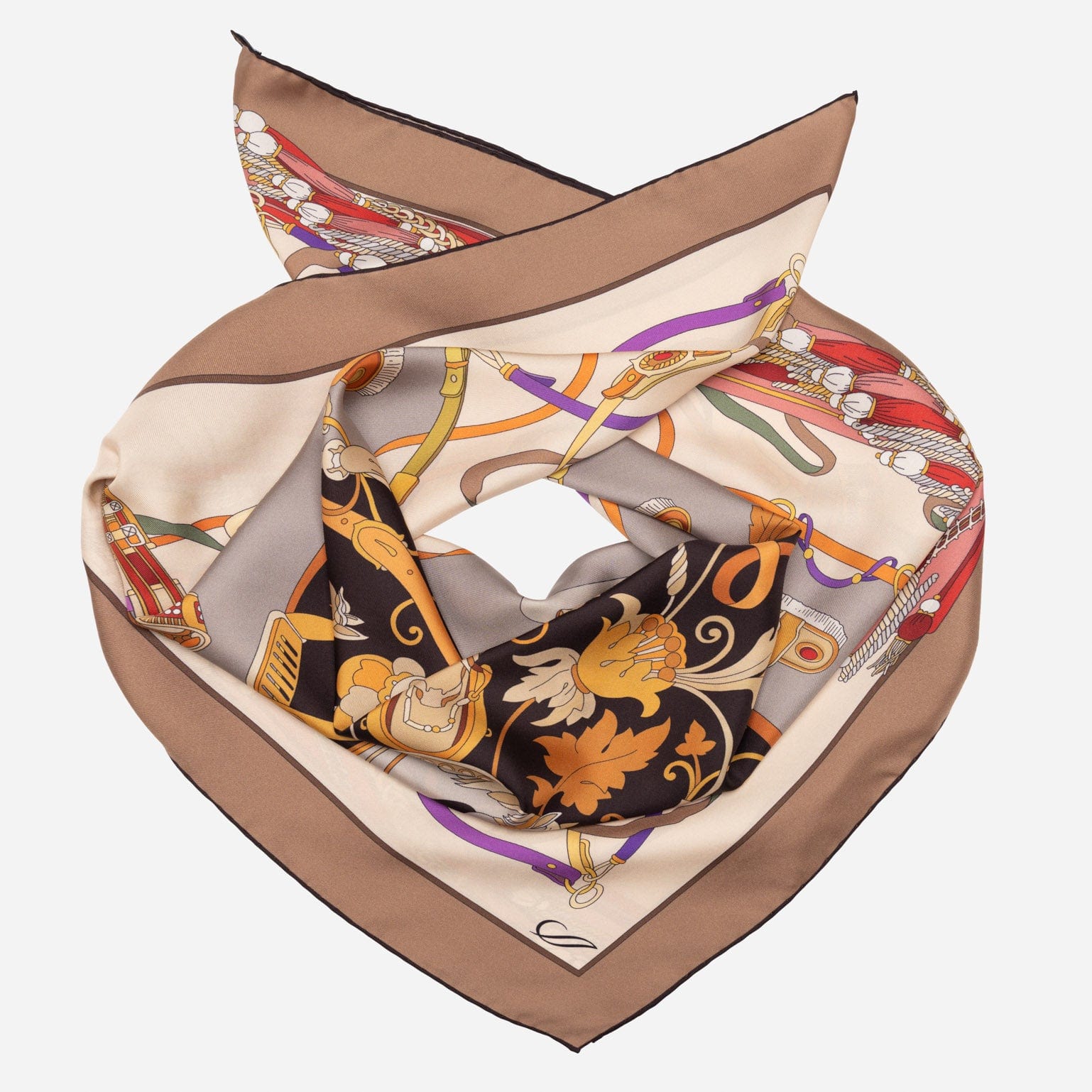Designer Italian Silk Square Scarf - Tan