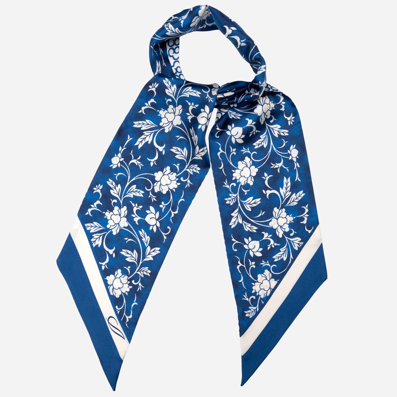 Luxury blue and white large silk twilly scarf