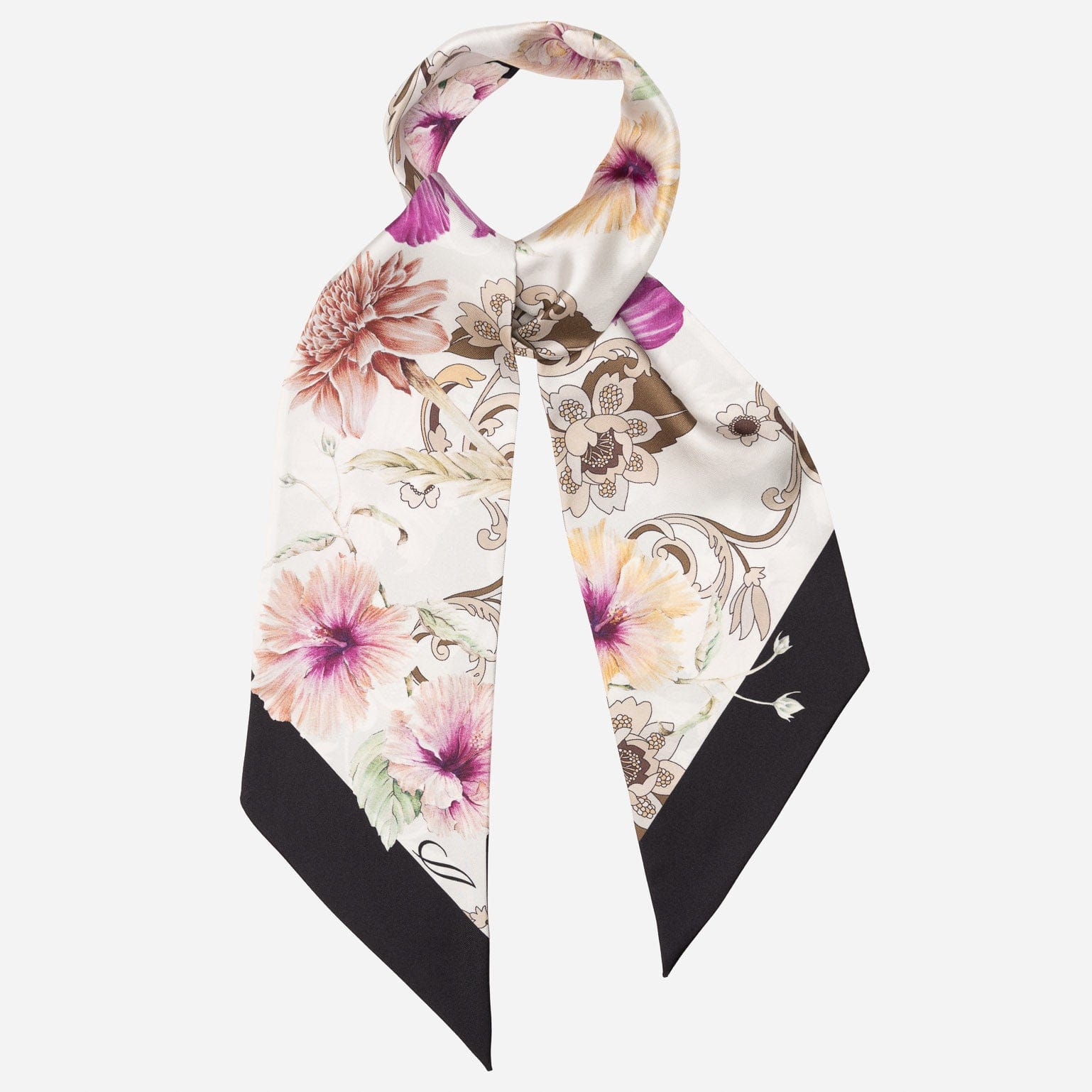 Cream Floral Italian Skinny Silk Scarf