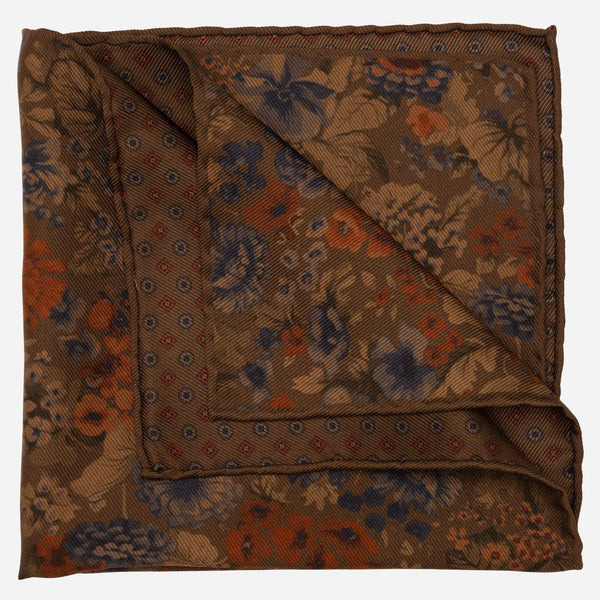 Double Sided Silk Pocket Square Floral Brown