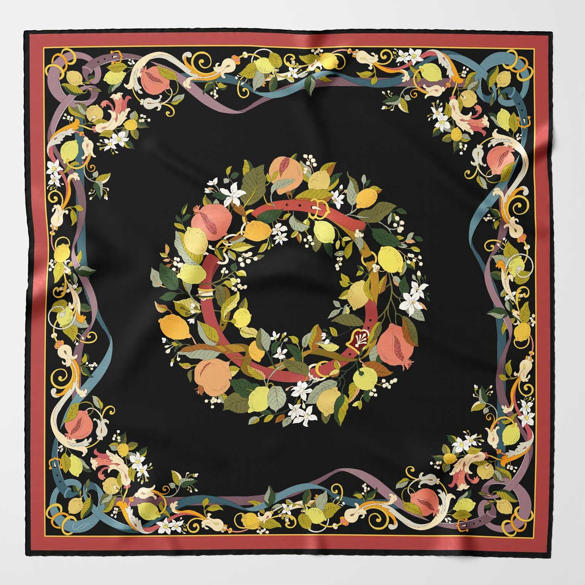 Black Floral Italian Silk Square Scarf