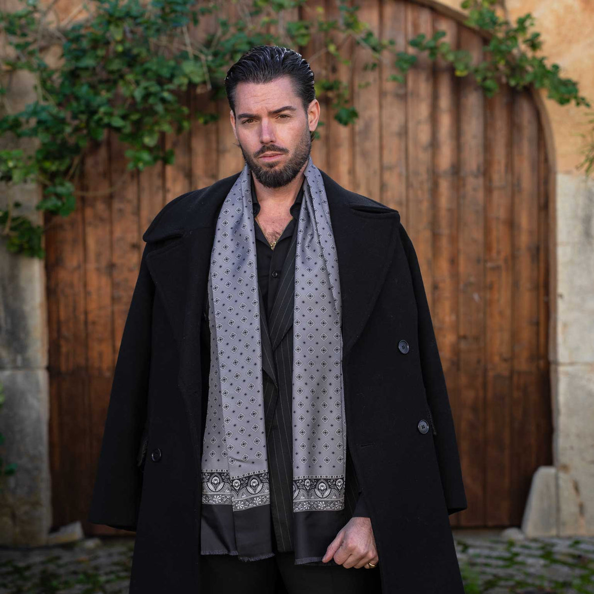 Men's luxury grey silk dress scarf