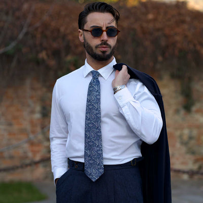 Blue Paisley Woven Italian silk tie