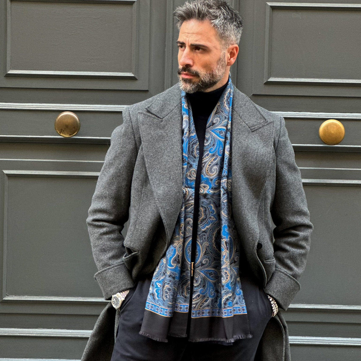 men&#39;s luxury blue paisley silk wool double sided scarf