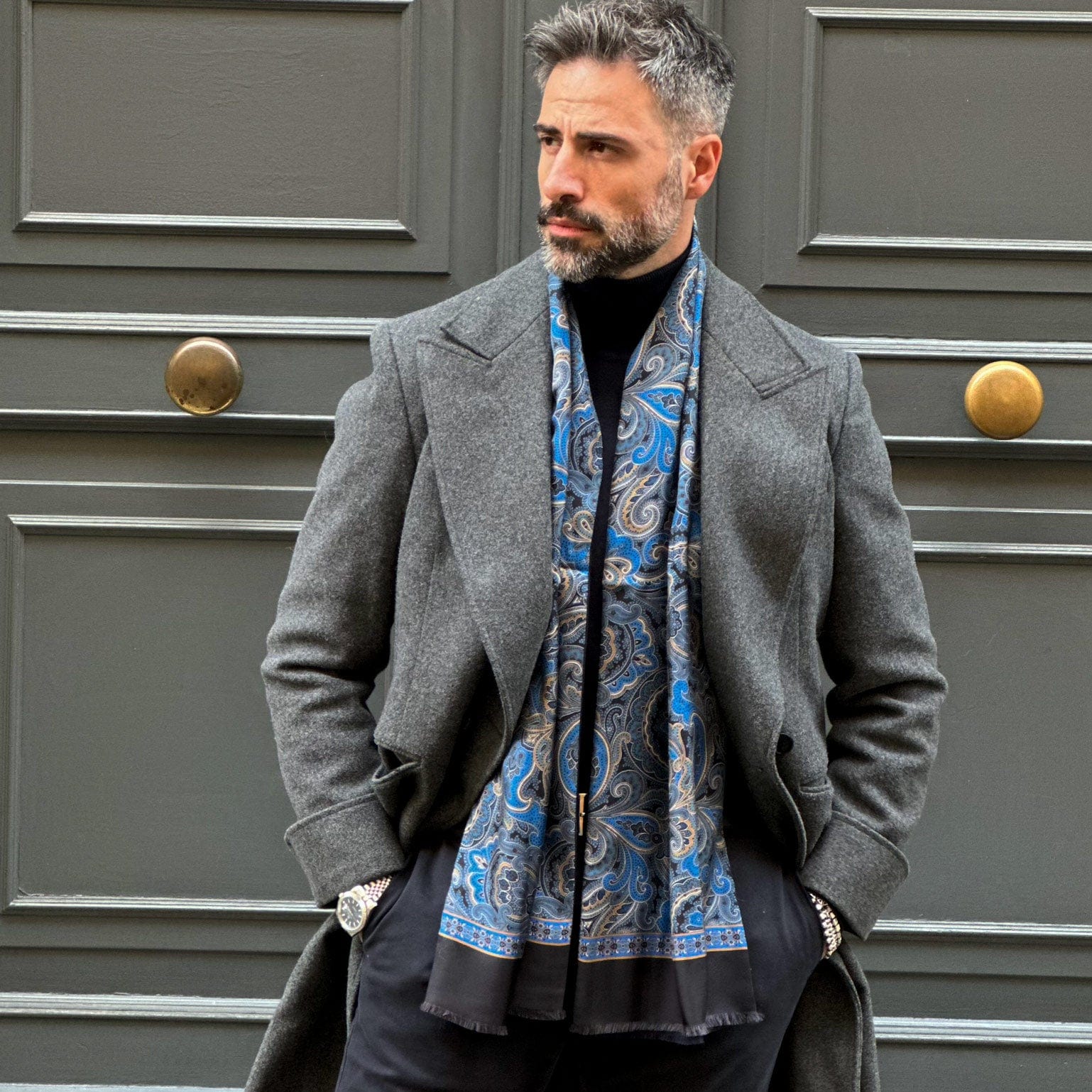 Men's Blue Paisley Wool Backed Silk Scarf1