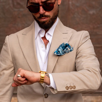 Luxury Blue Floral Silk Pocket Square