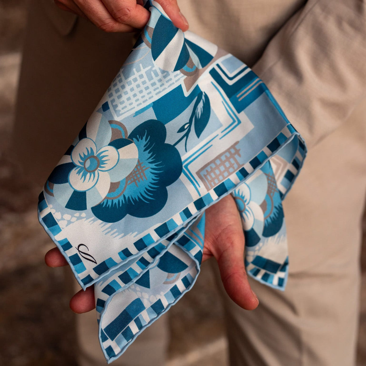 Luxury Blue Floral Silk Pocket Square