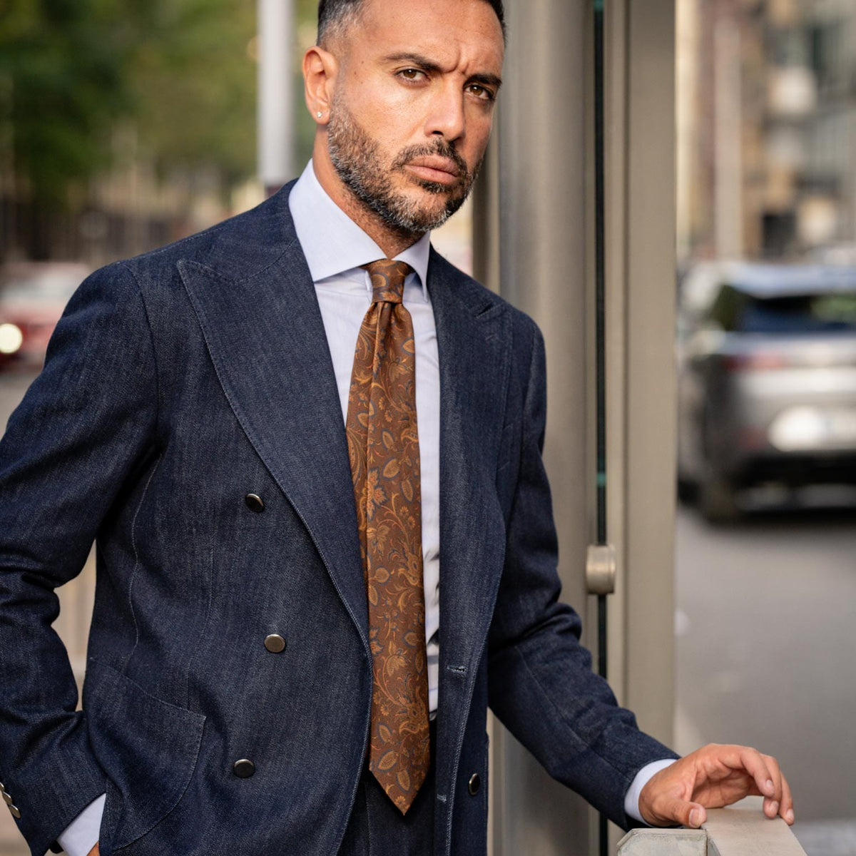 Botanical print brown handmade Italian silk tie
