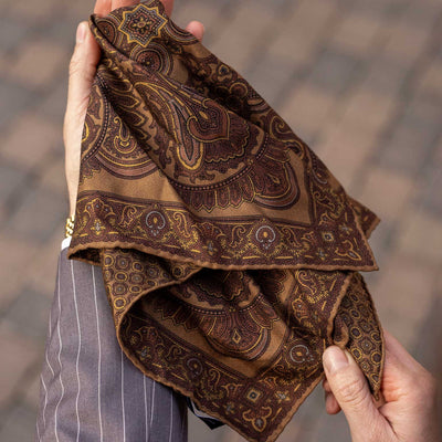 Brown paisley madder silk pocket square