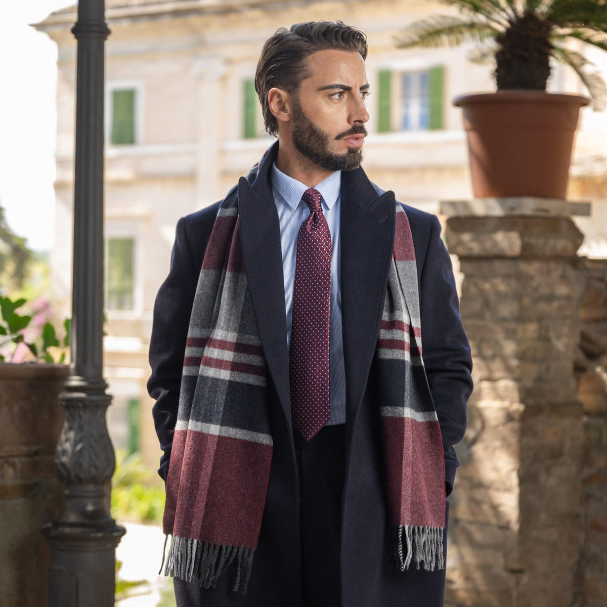 Burgundy Plaid Wool Cashmere Scarf