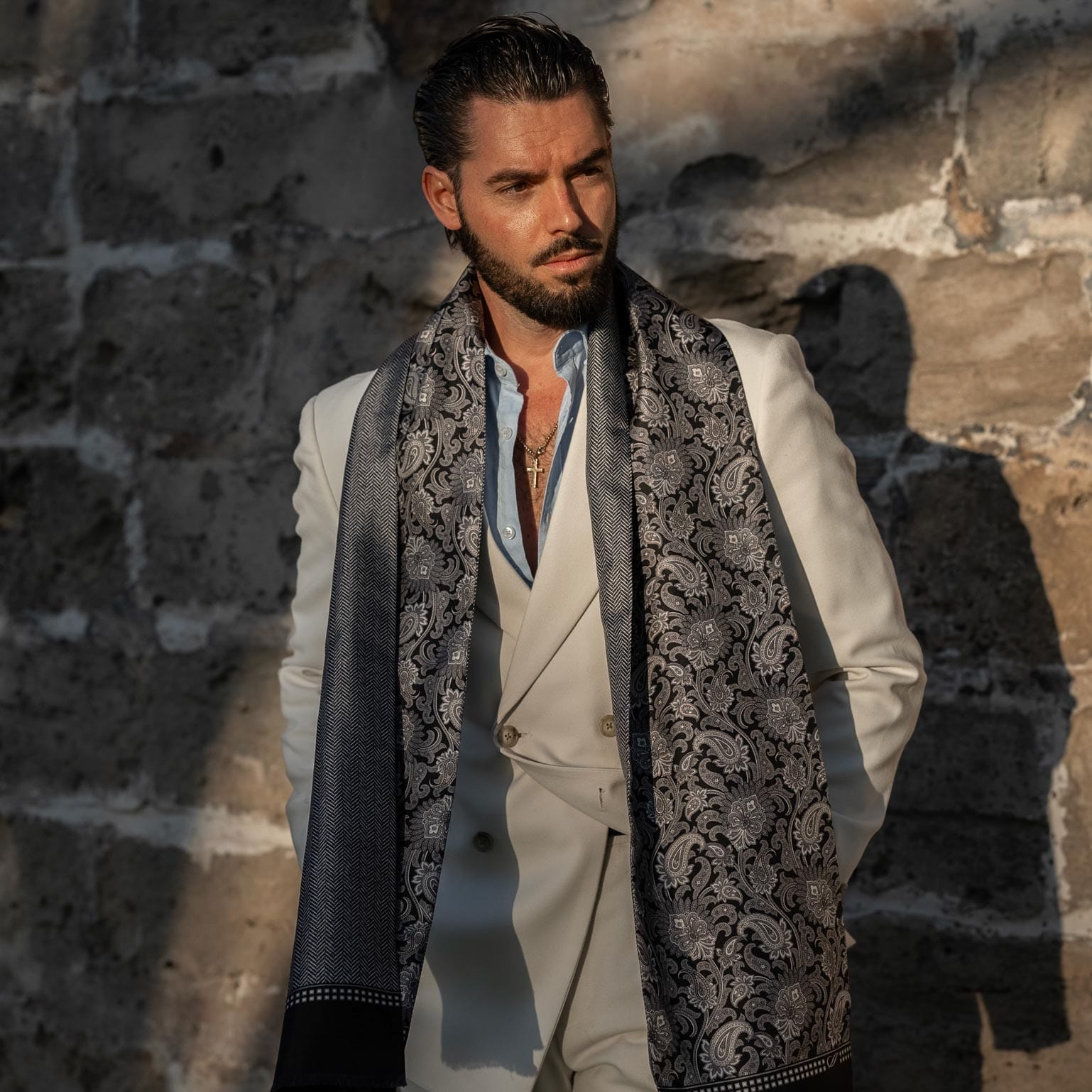 Men's double sided paisley silk dress scarf made in Como, Italy