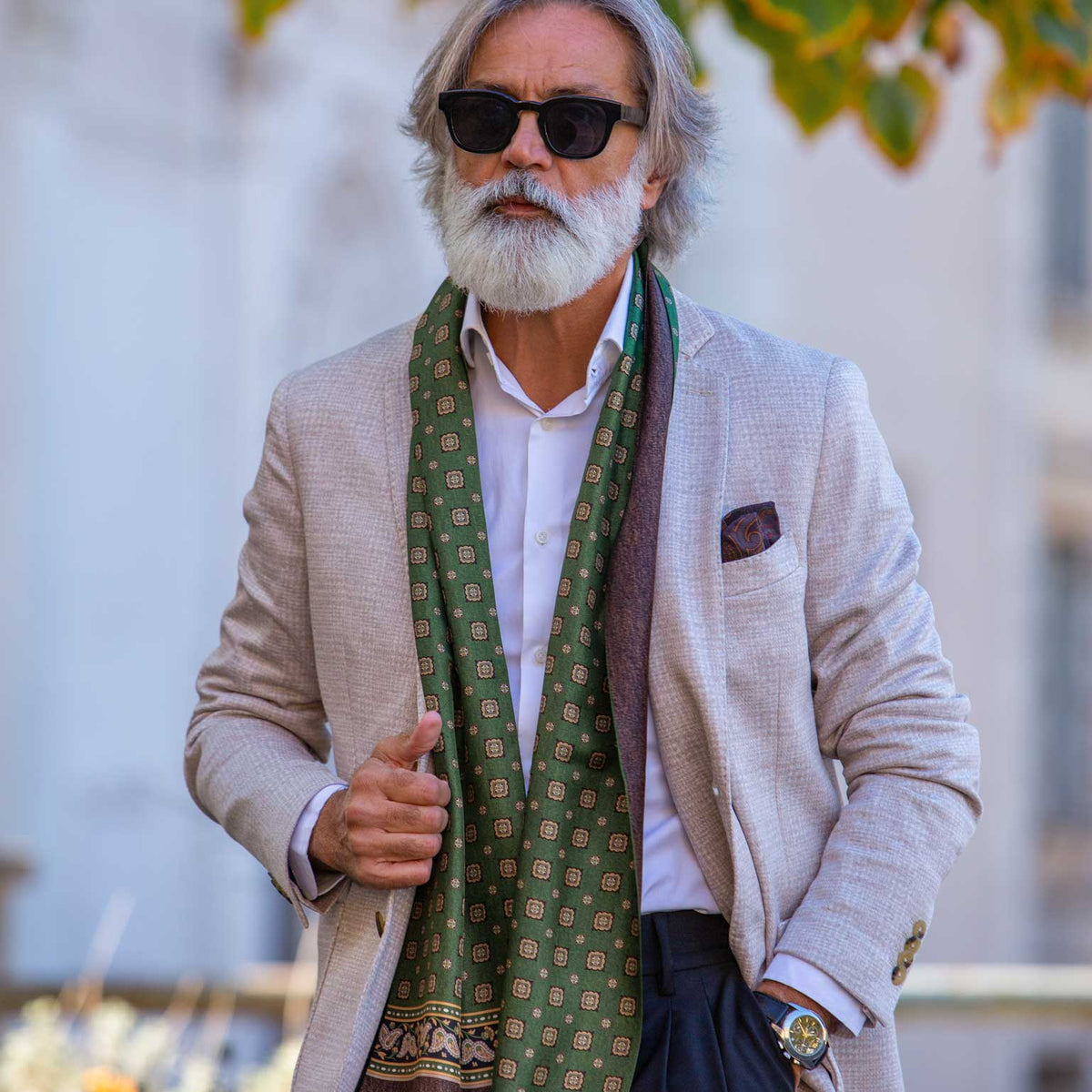 Green Italian designer silk scarf for men