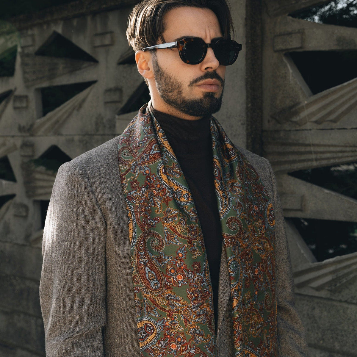 Green paisley silk wool Italian scarf for men