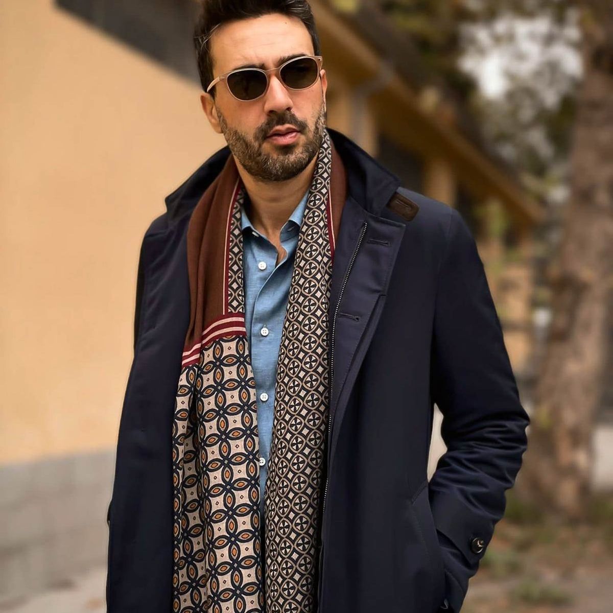Handmade Italia brown patterned lightweight soft wool scarf