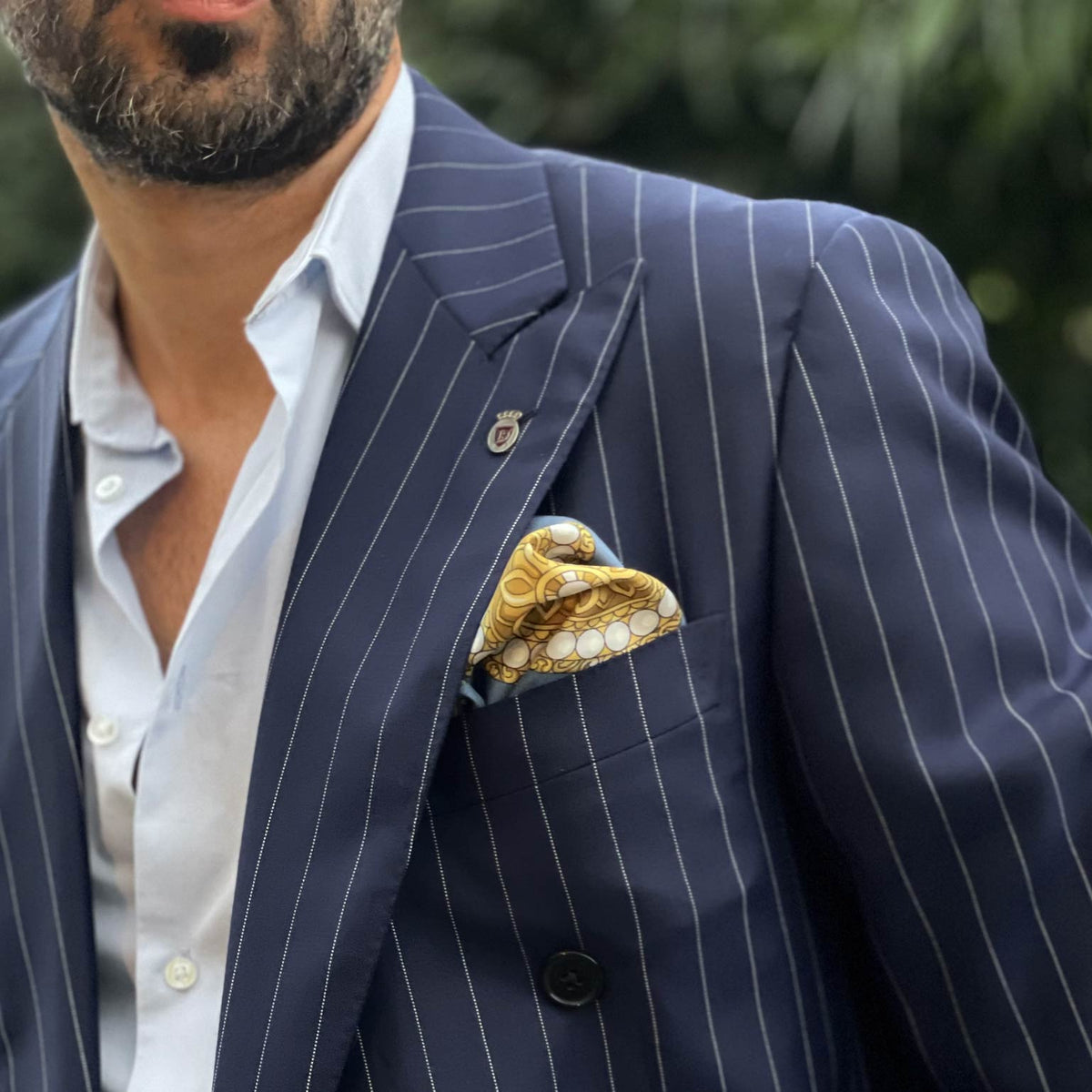 Hand rolled Italian blue silk pocket square for suits